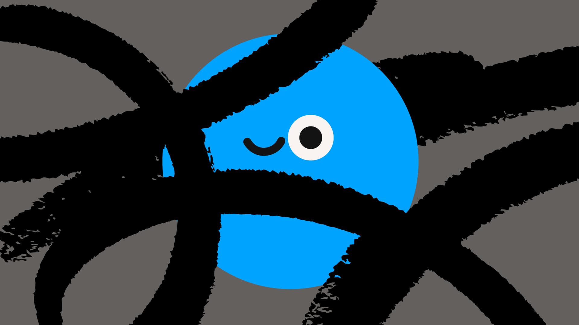 Cartoon blue smiley face with large eyes and an anxious expression.