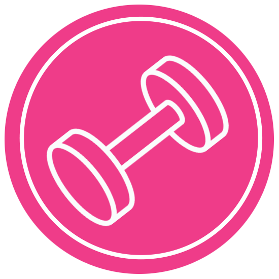 A pink and white icon of a dumbell | Waterless haircare