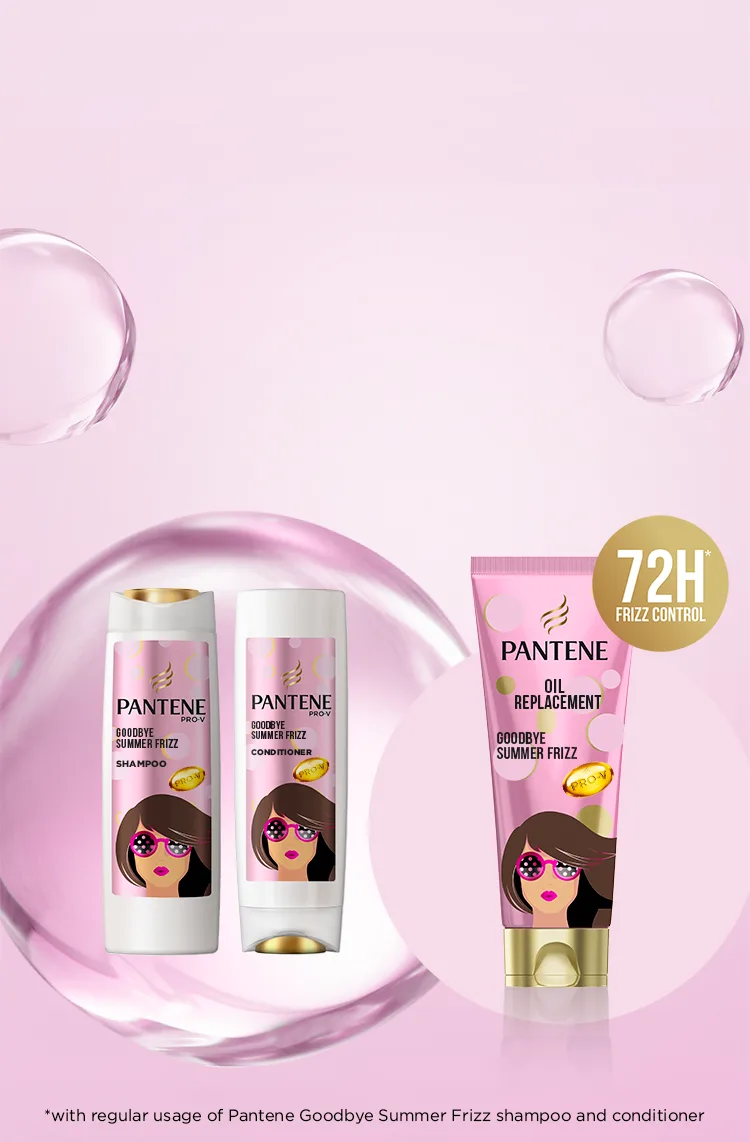 A picture of the sketch of a woman holding the Pantene Pro V primer with a text on the side 'Tired of seeing falling hair strands?'.