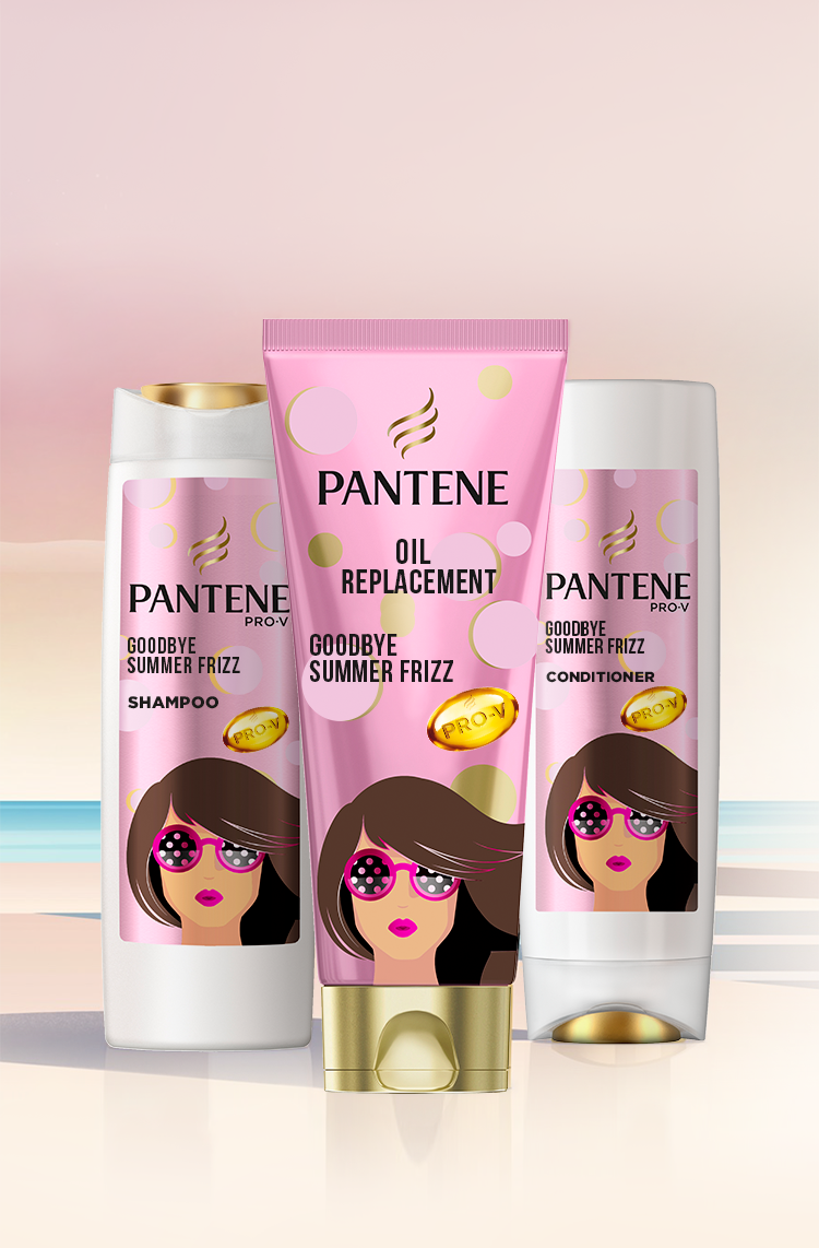 A picture of the Pantene Goodbye Summer-frizz shampoo, conditioner and leave in oil with a text on the side