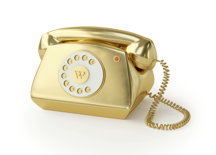 Golden rotary telephone with the Wealthsimple logo on it