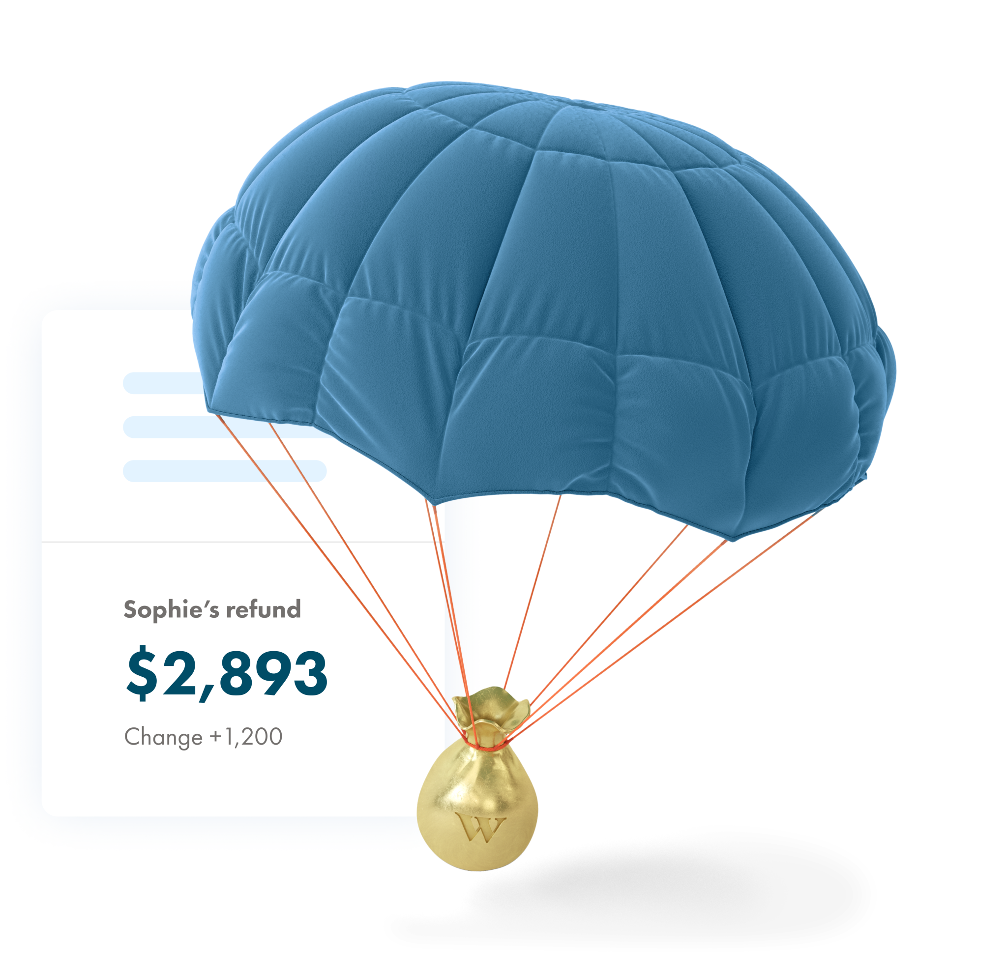 Une parachute transportant un sac d'argent doré sur lequel on peut lire « Remboursement de Sophie 2893 $. Différence +1200 $. »