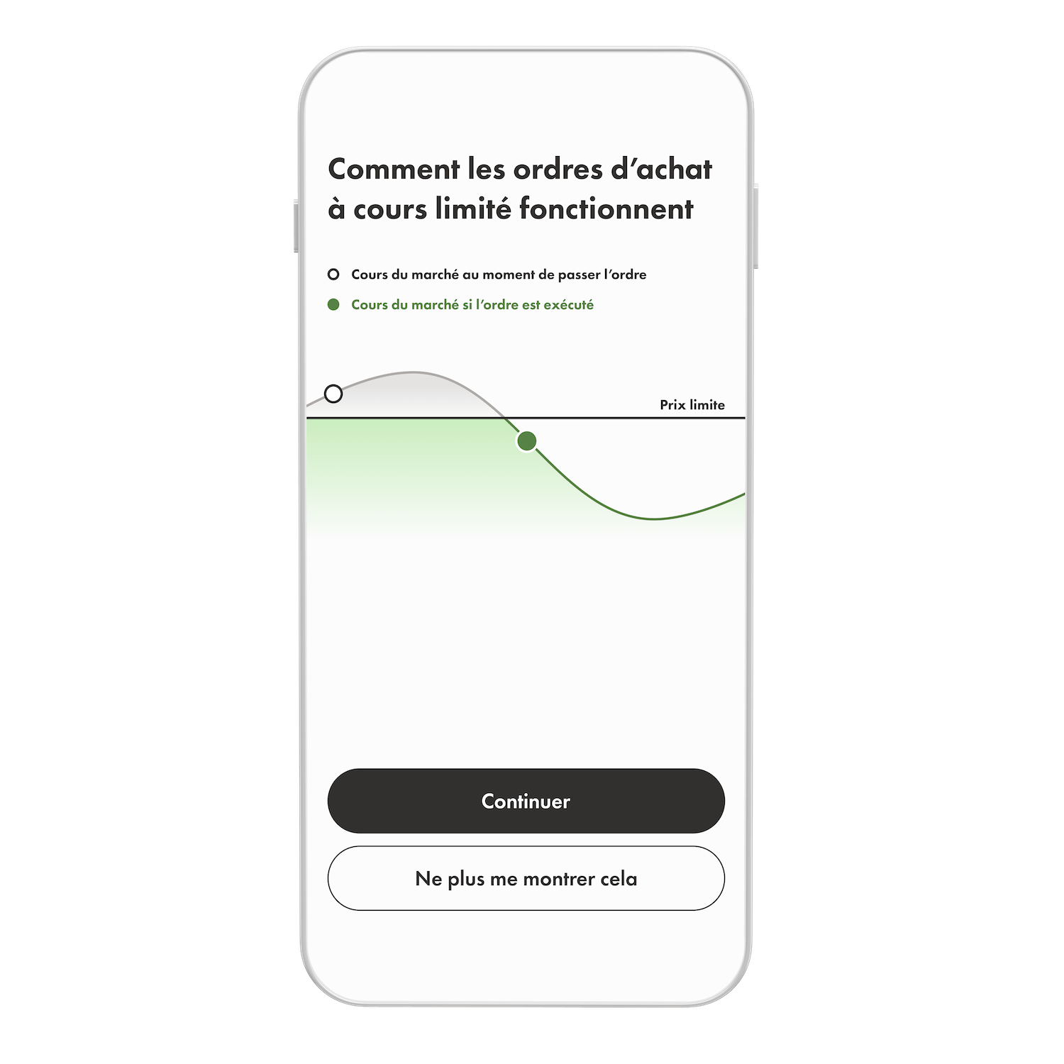 Un téléphone avec l'appli Wealthsimple expliquant ce qu'est un ordre à cours limité