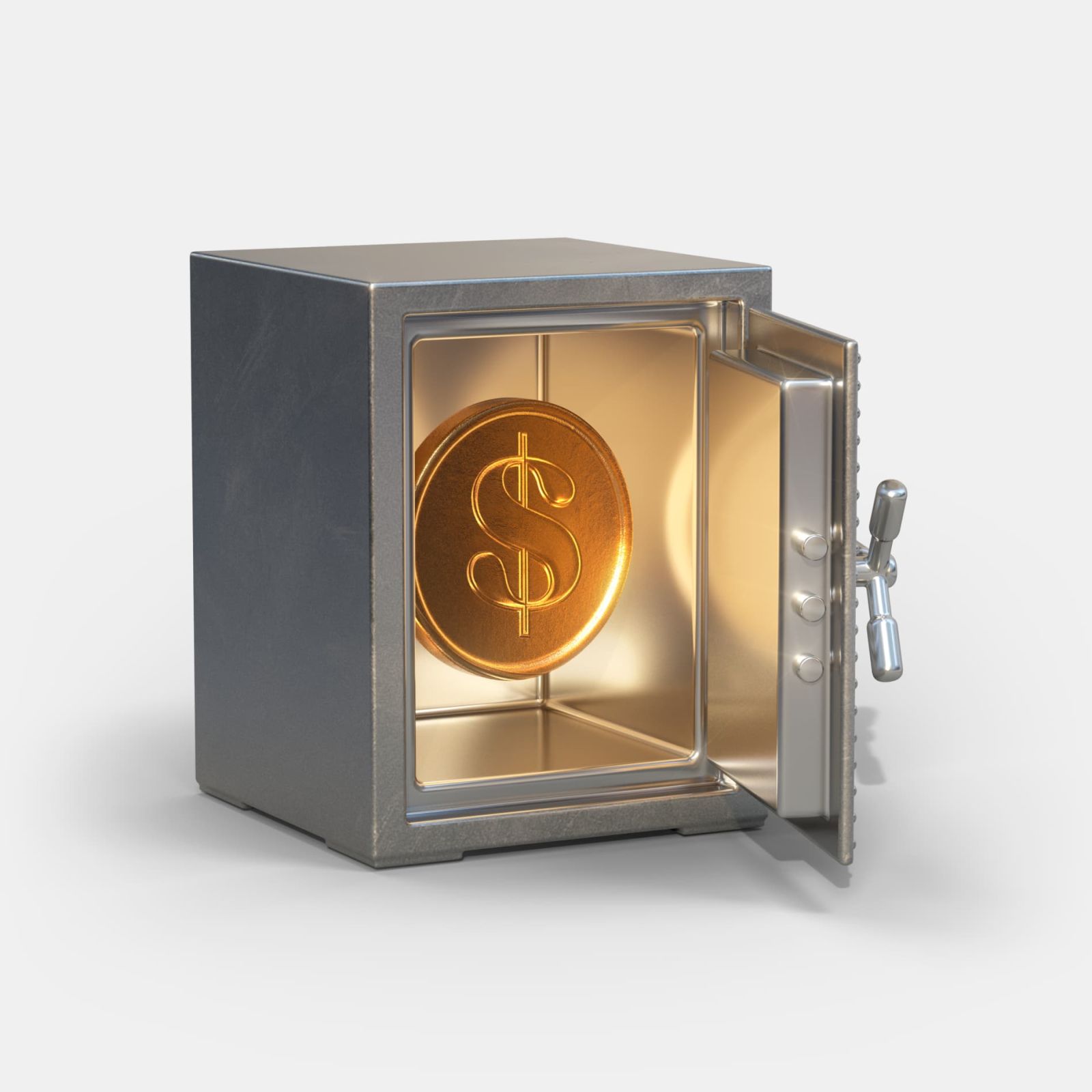 A safe with the door open and a large golden coin sitting inside
