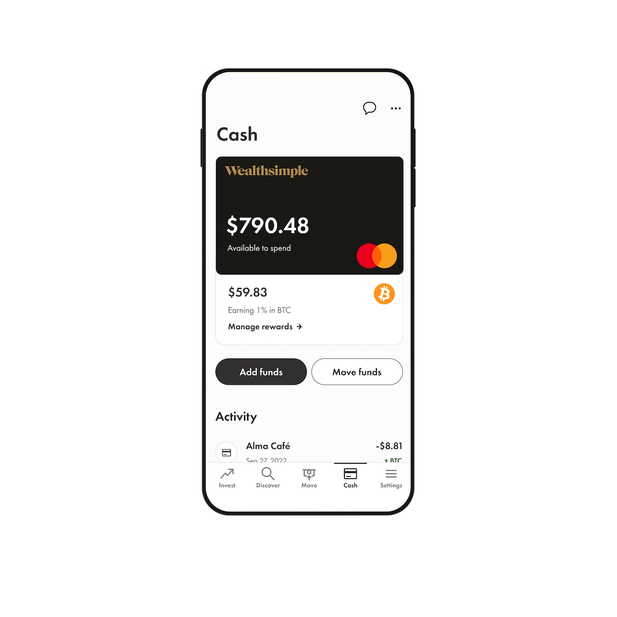 A phone with the Wealthsimple app open showing a black card with the Wealthsimple and Mastercard logos