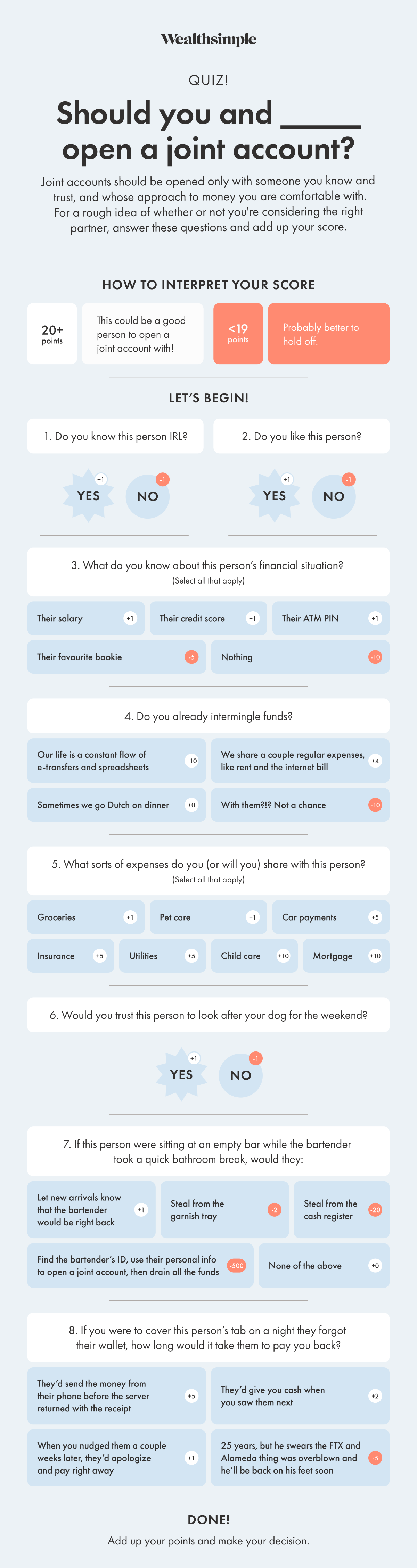 Still not sure if a joint account is a good idea? Answer these questions and add up the points to find out.
