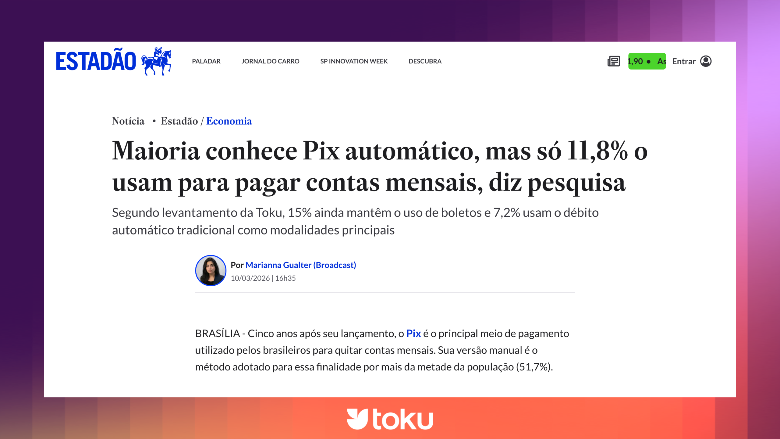 Pesquisa da Toku sobre Pix Automático é destaque no Estadão