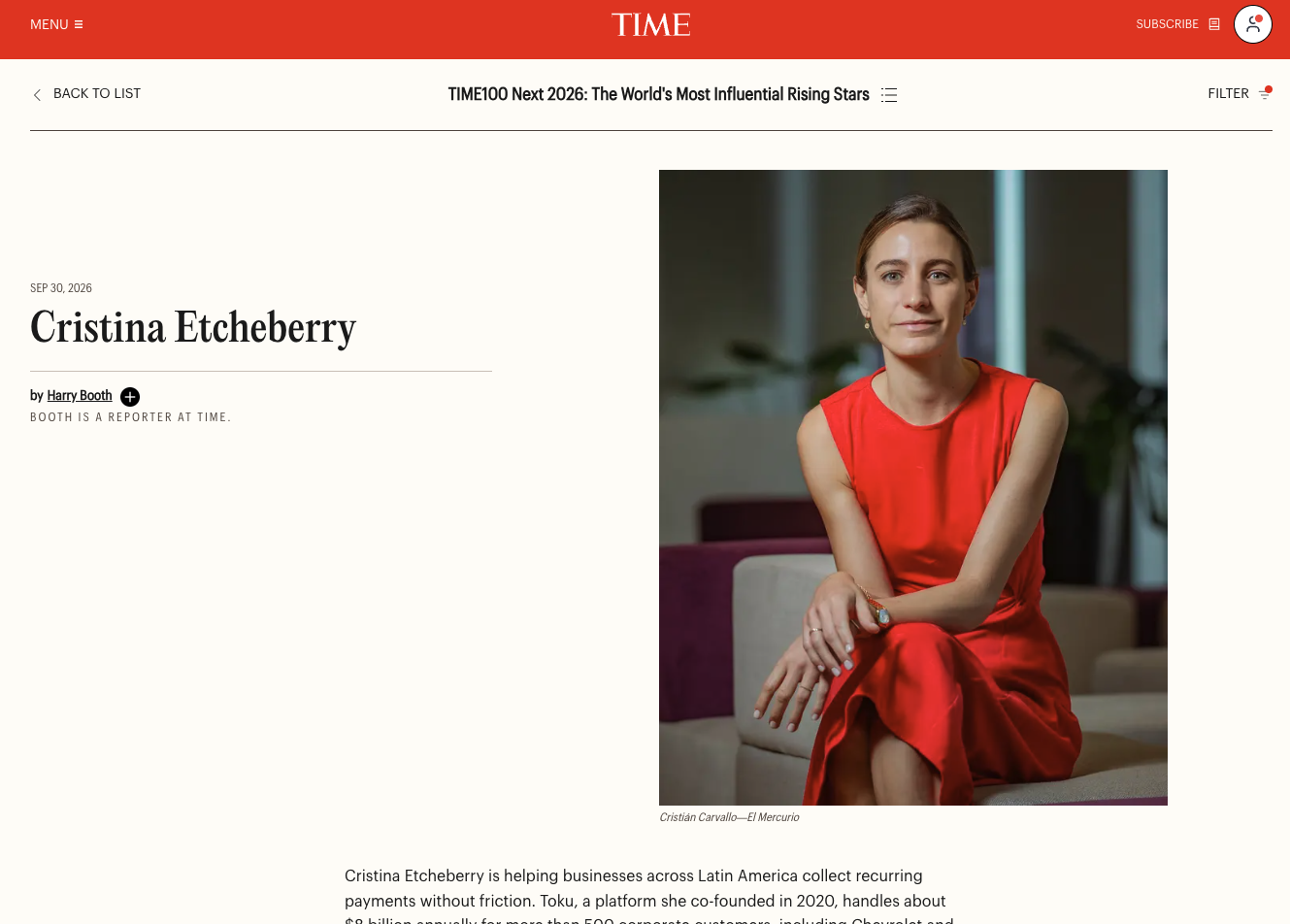 Revista TIME destaca a Cristina Etcheberry, CEO de Toku, en la lista TIME100 Next 2026