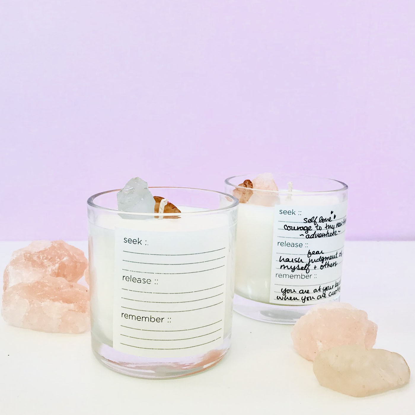 Intention Candles and pink crystals