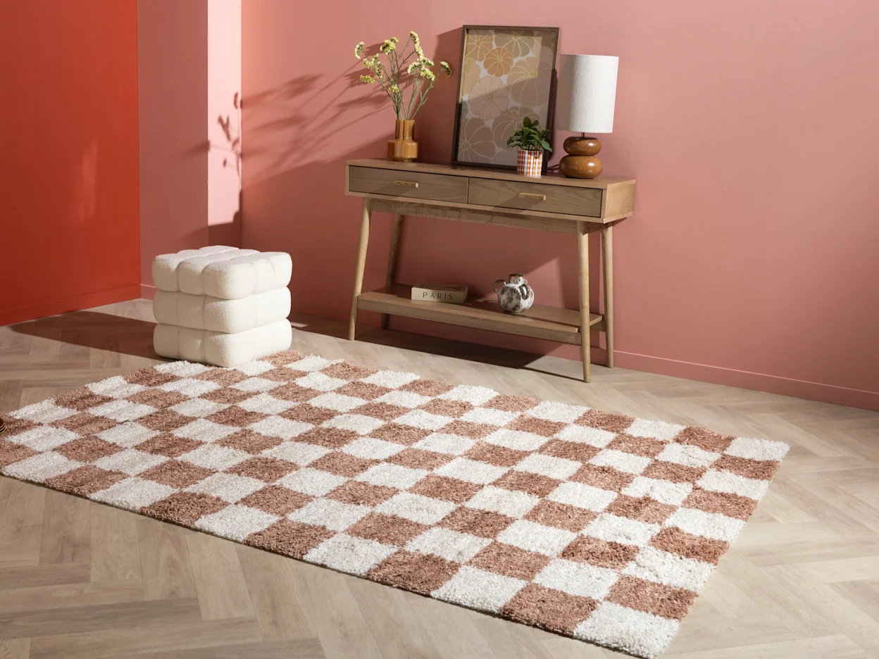 Vloerkleed met bruin en beige blokjespatroon