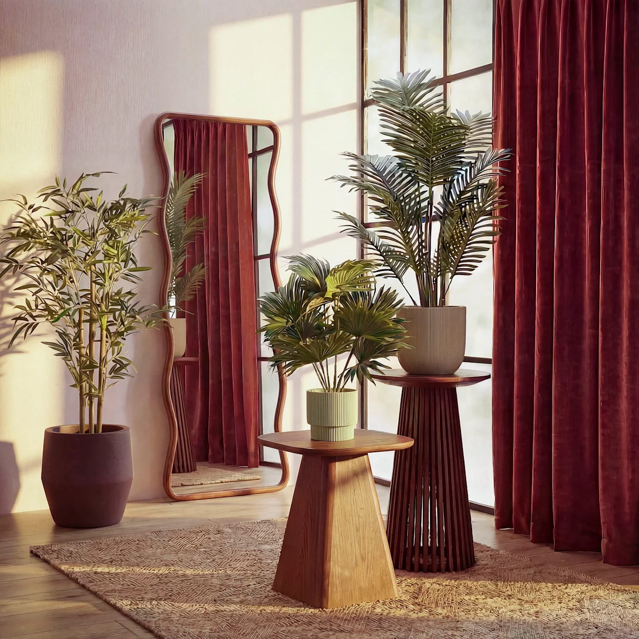 Bohemian setting met houten bijzettafels, kunstplanten en een spiegel met houten rand