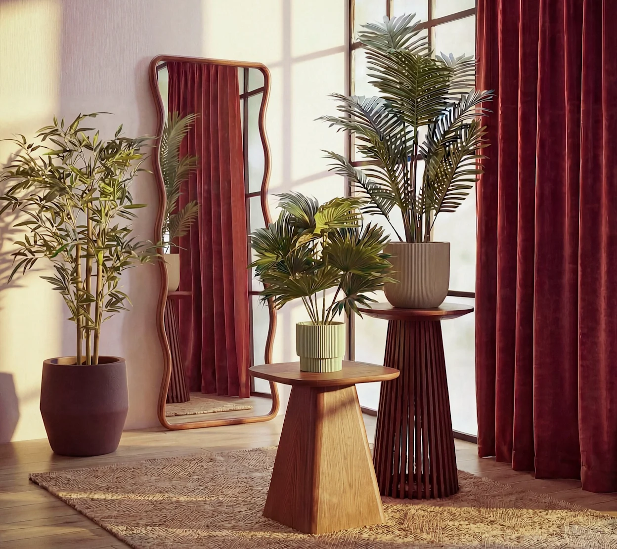 Houten bijzettafels met kunstplanten en een houten spiegel