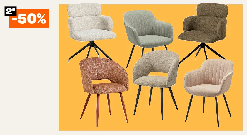 Banner Eetkamerstoelen Como, Capri of Antony 2e 50% korting