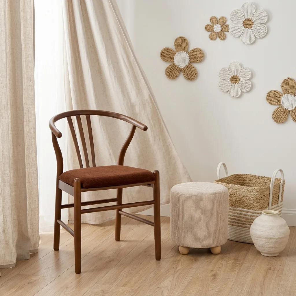 Bohemian Ibiza style setting met witte muren, rotan woondecoraties, een houten stoel en linnen gordijnen