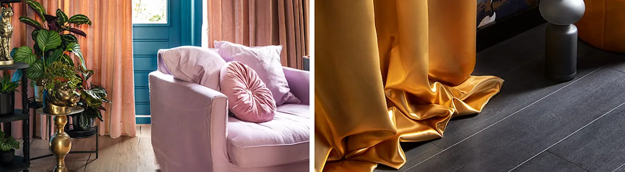 Luxe hoteluitstraling met velours gordijnen, roze velours gordijnen, okergele velours gordijnen
