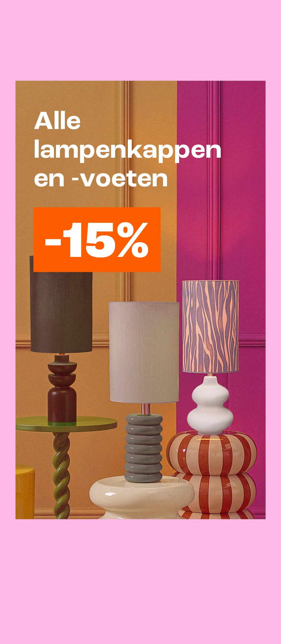 Actiebanner met tekst 15% korting op alle lampenkappen en -voeten