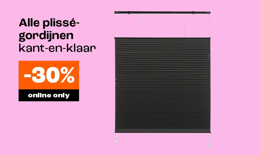 30% korting op kant-en-klaar plisségordijnen