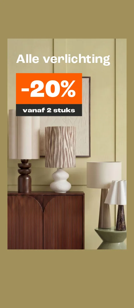 Actiebanner met tekst 20% korting op alle verlichting vanaf 2 stuks