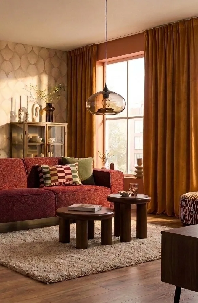 Hotel chic woonkamer setting met een bordeaux bank, aangevuld met gouden en okergele accenten.
