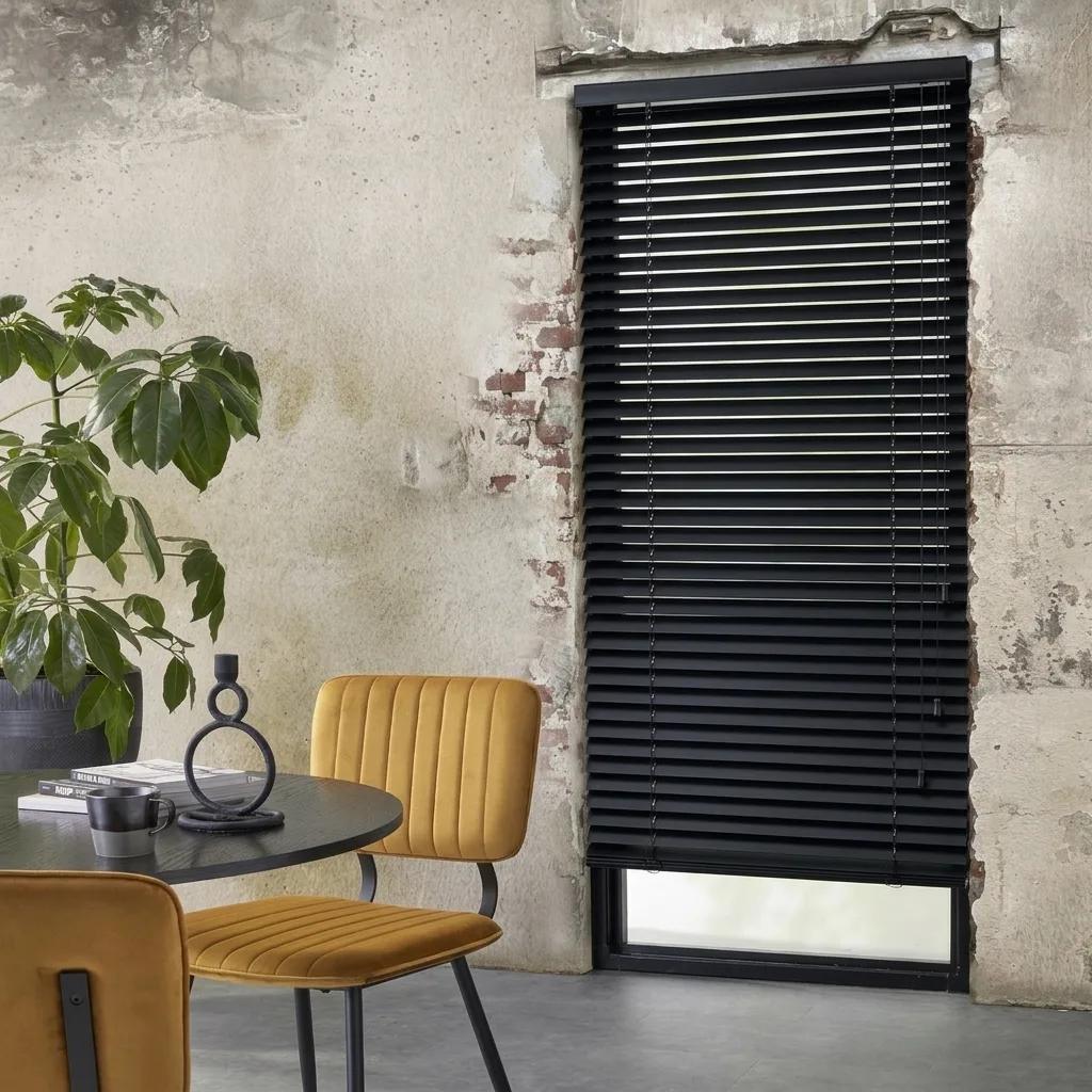 Zwarte aluminium jaloezieën, donkere duo-rolgordijnen en strakke gordijnen passen perfect bij een industriële woonkamer.