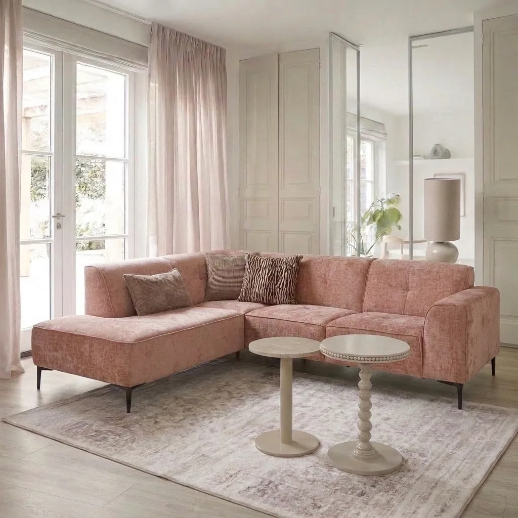 Landelijke zithoek met een roze bank en beige bijzettafels