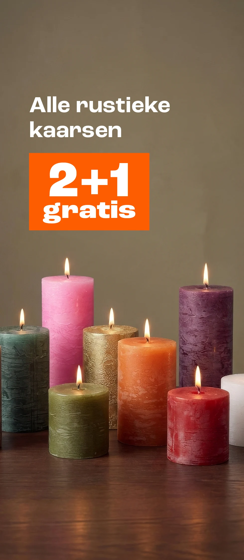 Product tile banner - Alle rustieke kaarsen 2+1 gratis - Week 44/45