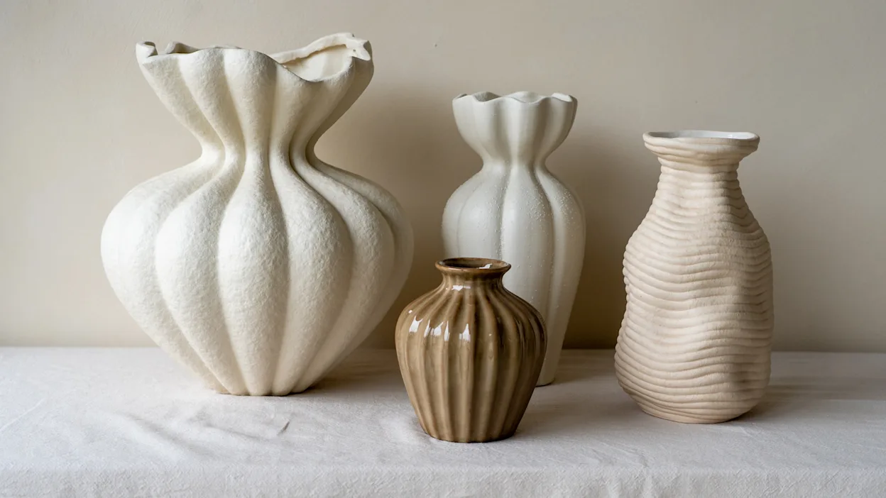 Beige vazen tegen een taupe muur