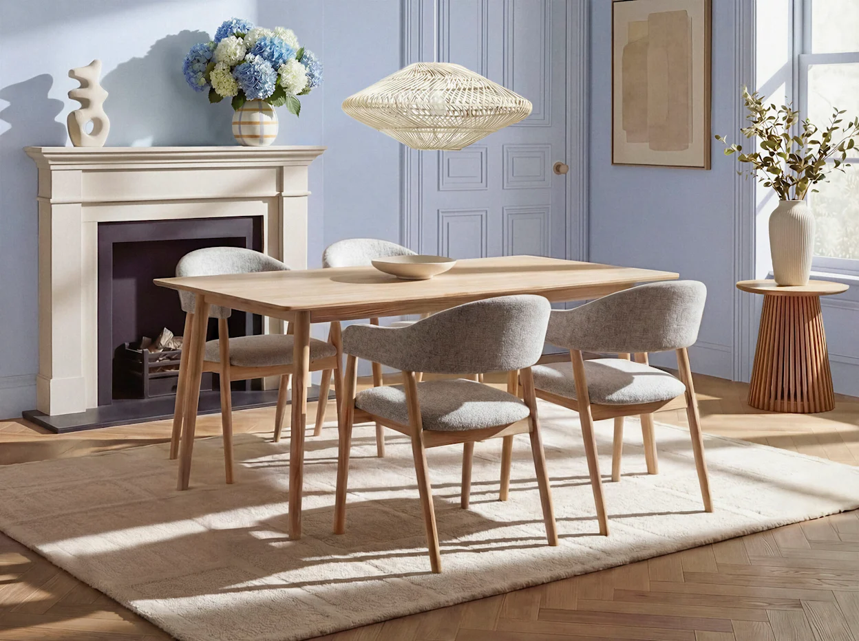 Landelijke eethoek setting met houten meubelen en sfeervolle accessoires