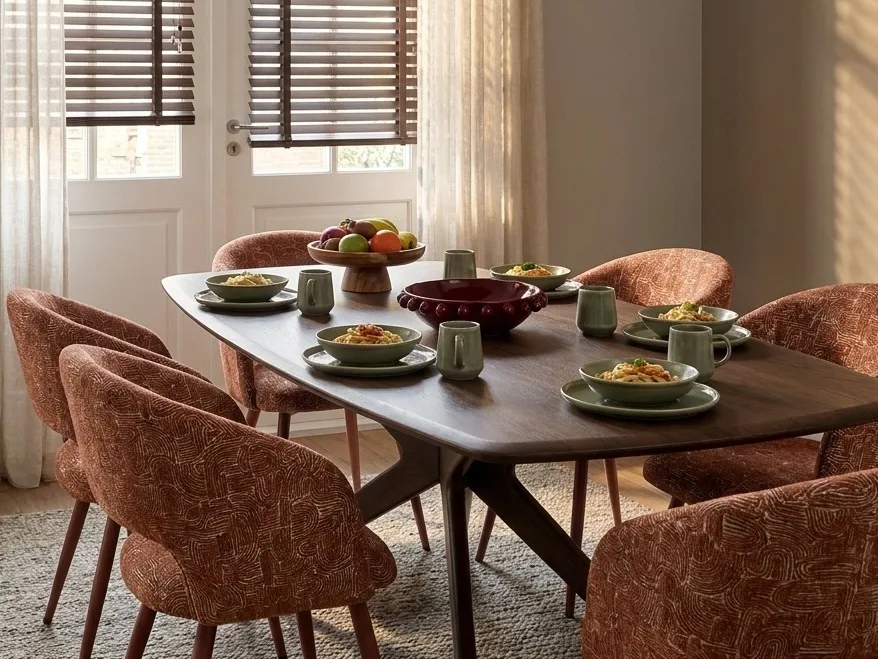 Luxe eettafel donkerbruin hout in hotel chic eethoek