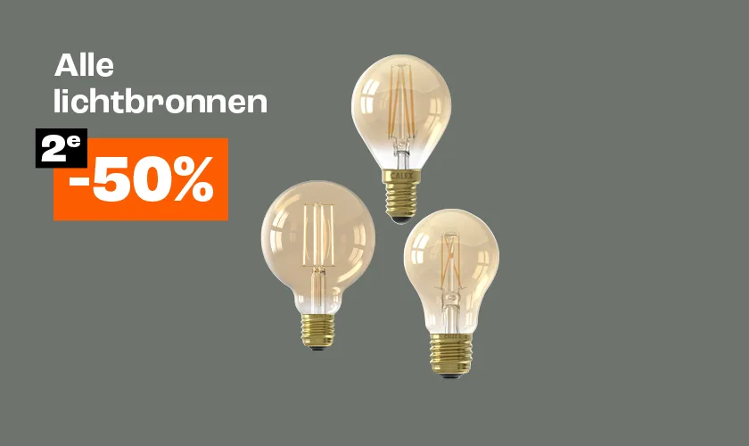 Actiebanner met tekst alle lichtbronnen 2e 50% korting