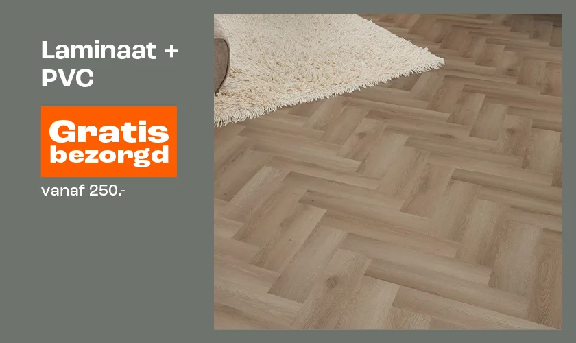 Actiebanner met tekst alle lamianat en pvc vloeren gratis bezorgd vanaf 250 euro