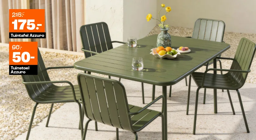 Tuintafel Azzuro van €215 voor €175 + tuinstoel Azzuro van €60 voor €50
