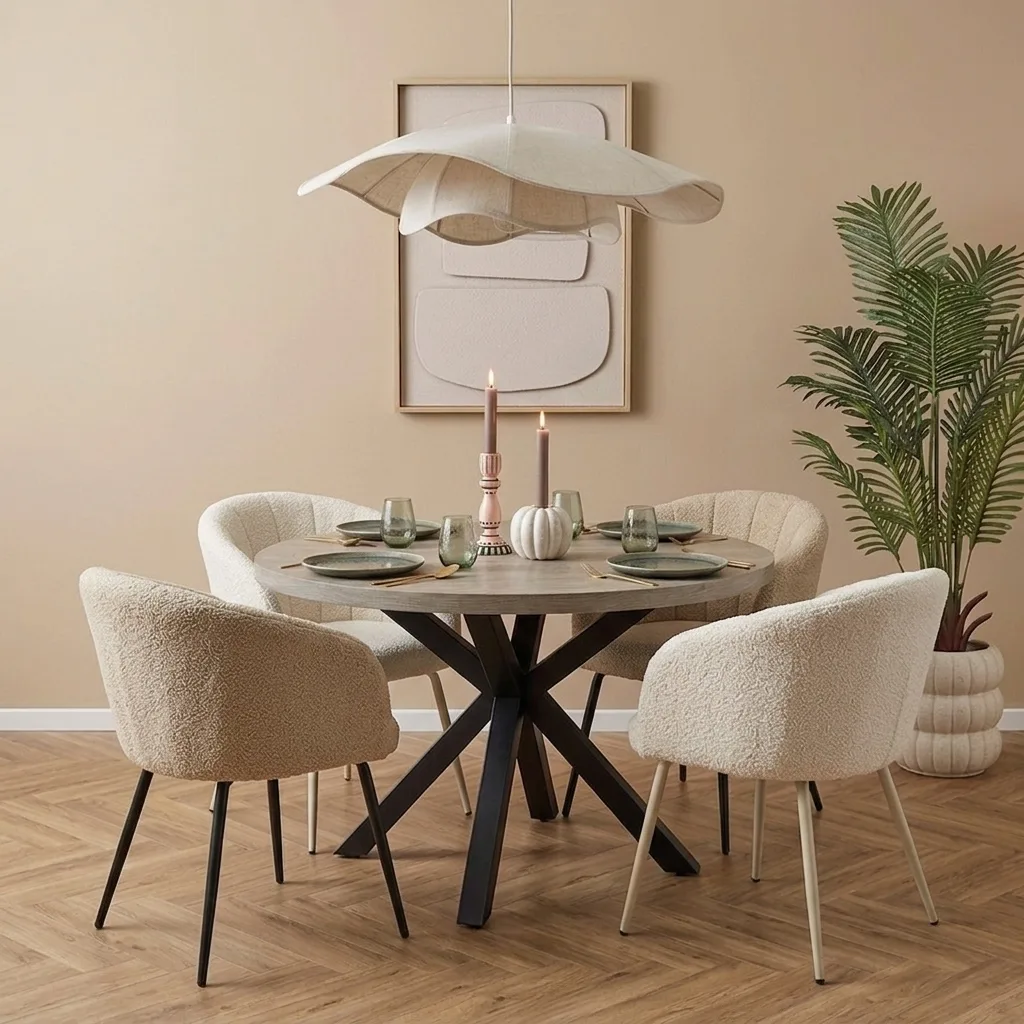 Scandinavische hanglamp van stof boven een eettafel