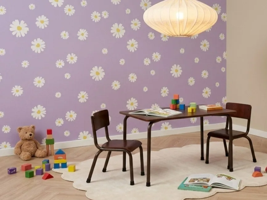 Kinderkamerbehang lila met bloemen