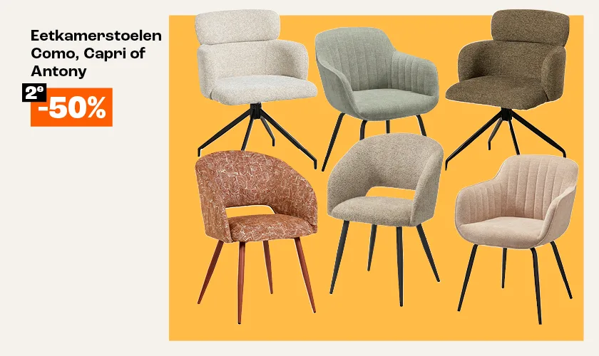 Eetkamerstoelen uit de series Como, Capri en Antony, in verschillende kleuren tweede stoel 50% korting.