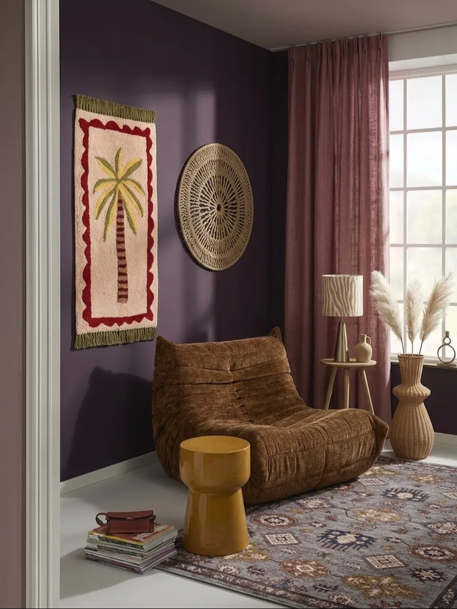 Eclectisch hoekje met kleurrijke details en prints