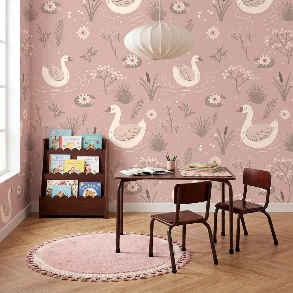 Meisjekamer behang: een zachte en lieve roze print met zwaantjes