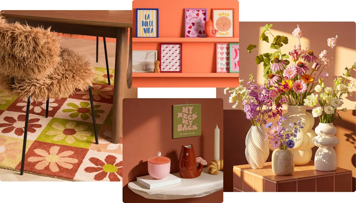 Moodboard met foto's van een kleurrijk interieur