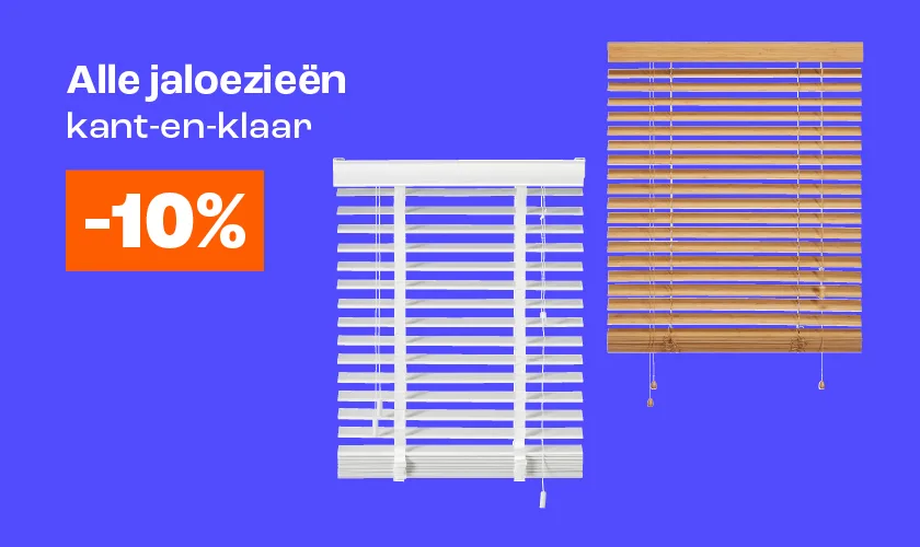 Alle kant&klaar houten jaloezieën 10% korting vanaf 2 stuks