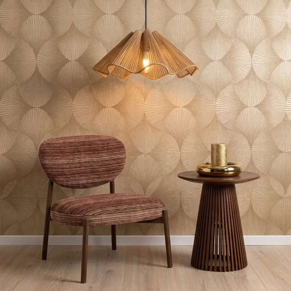 Boho chic interieur met bordeaux fauteuil, gouden accenten en rotan hanglamp