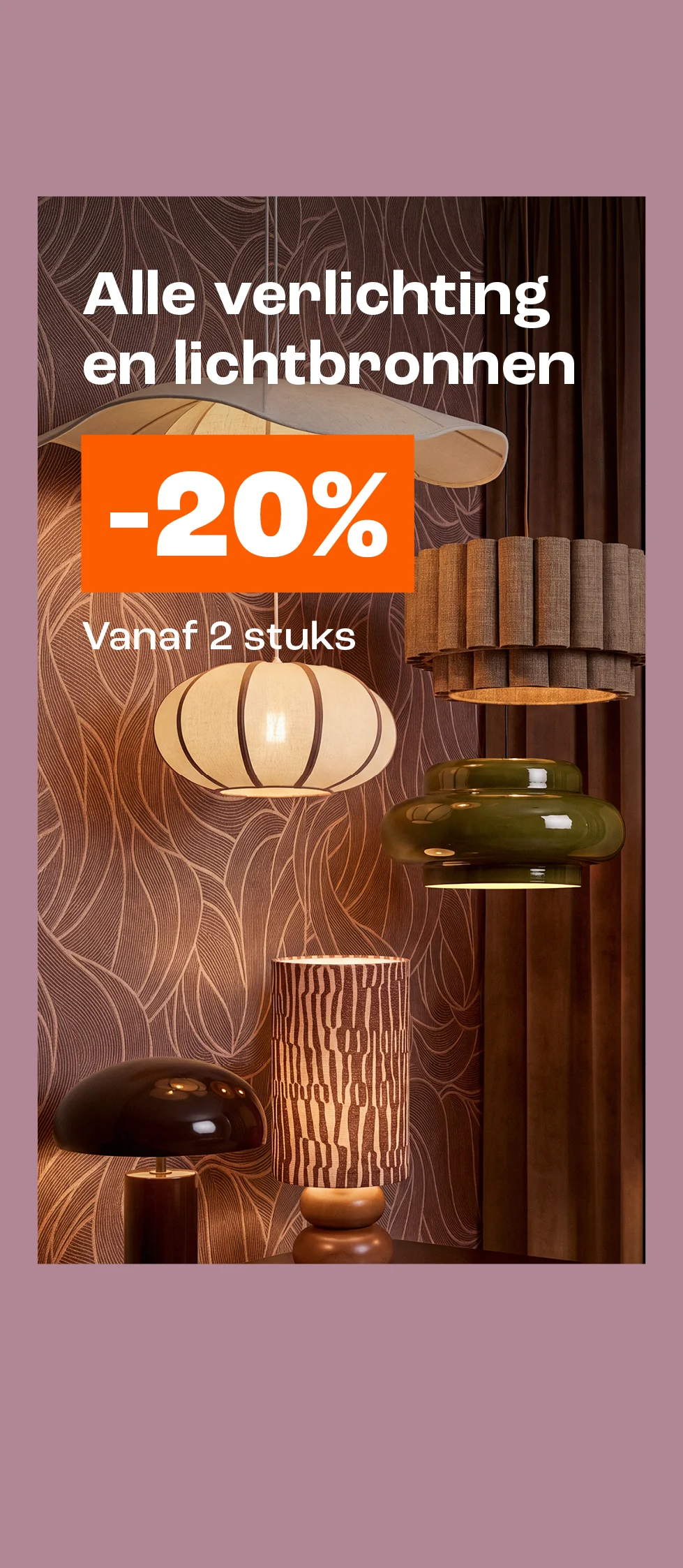 Actiebanner met tekst 20% korting op alle verlichting vanaf 2 stuks