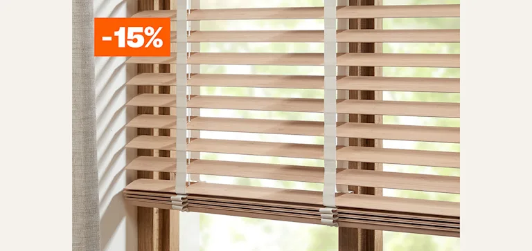 15% korting op houten jaloezieën op maat gemaakt vanaf 2 stuks