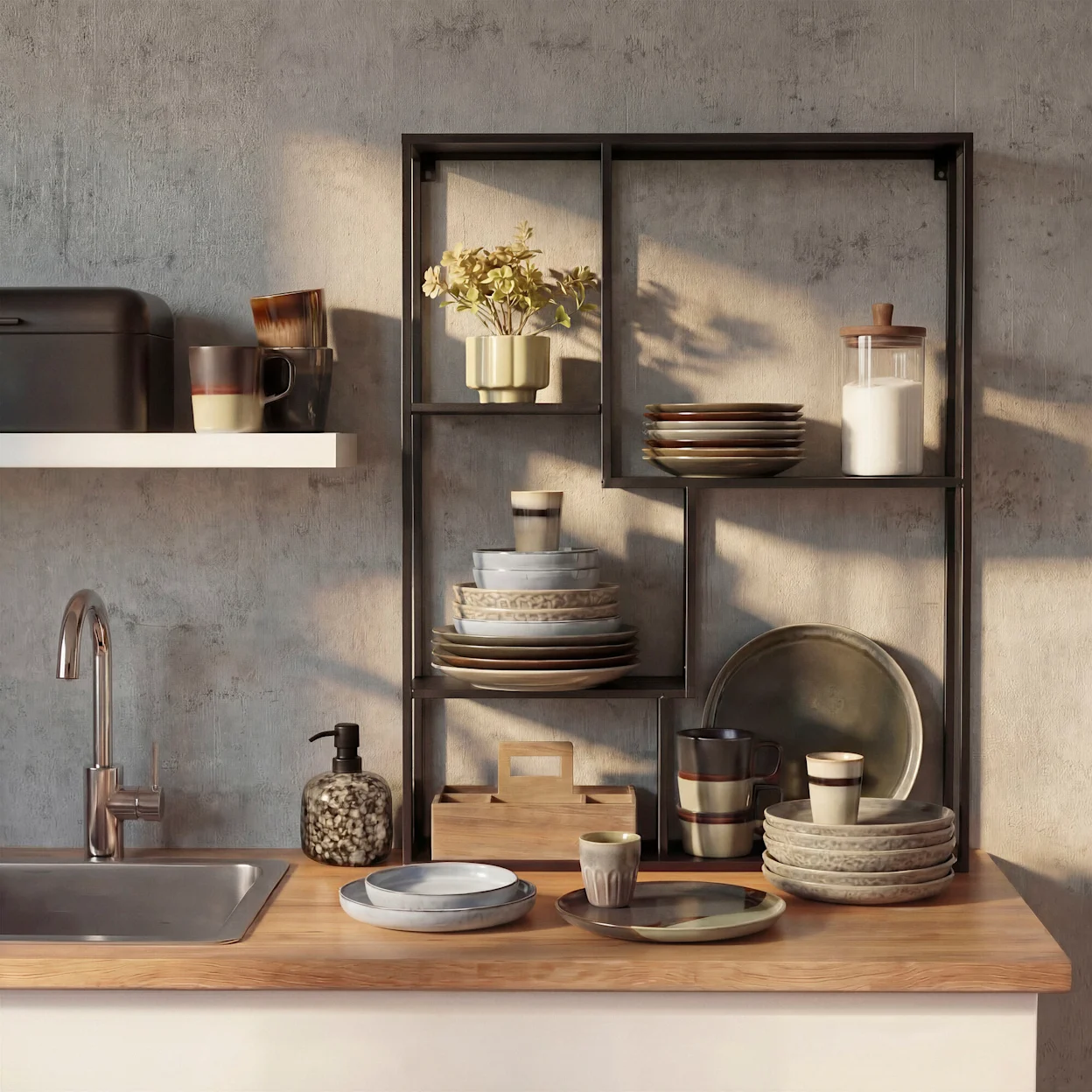 Industriële keukenaccessoires met hout, metaal en aardwerk