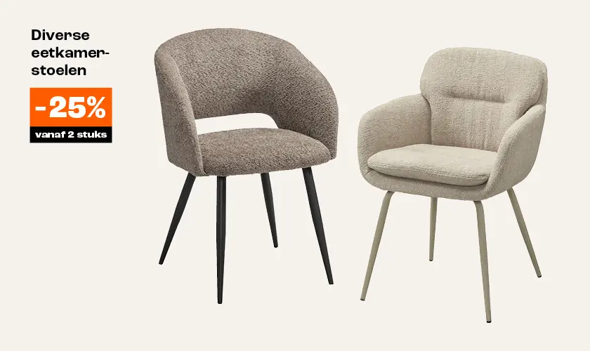 25% diverse eetkamerstoelen vanaf 2 stuks