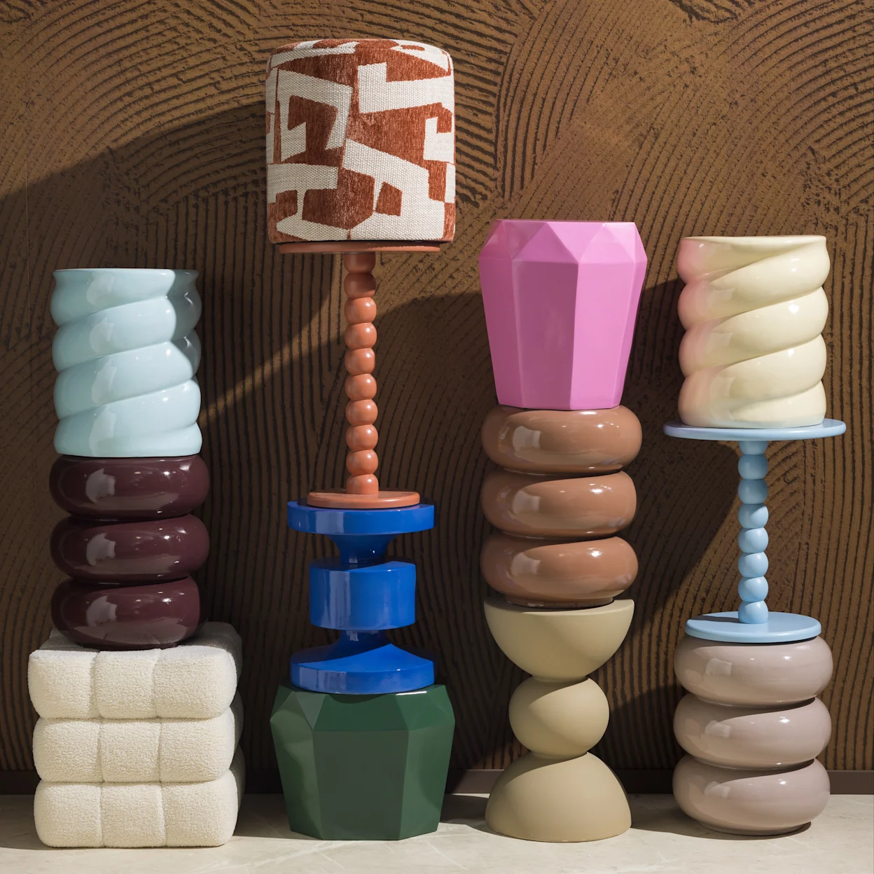 Retro meubelen met grafische patronen en chunky vormen