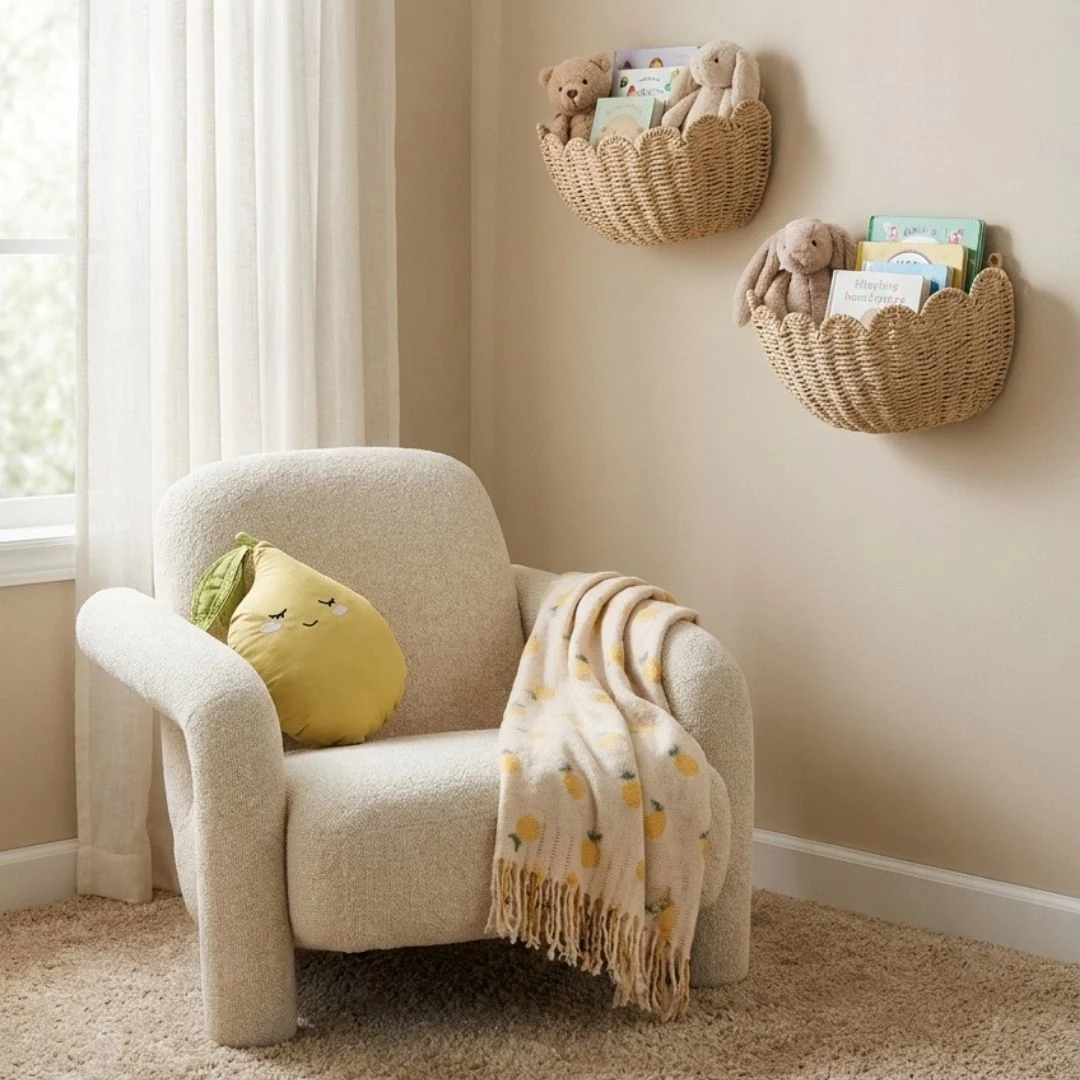 Witte fauteuil en opbergmandjes voor babykamer