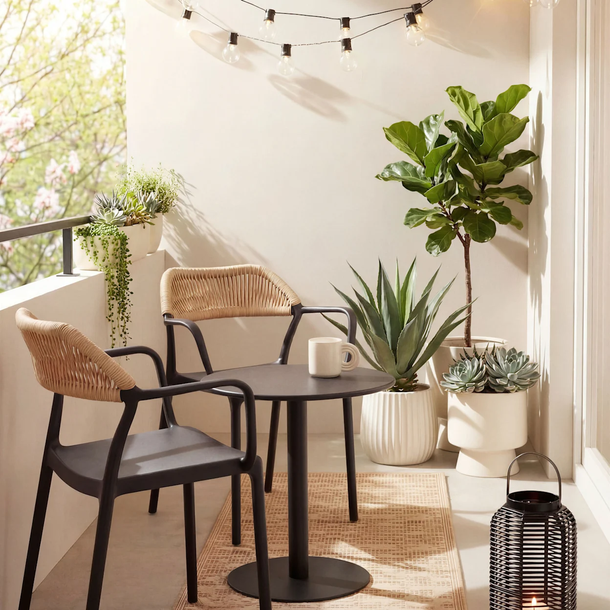 Een zwart zitje met bijzettafel en stoelen voor op je balkon of tuin