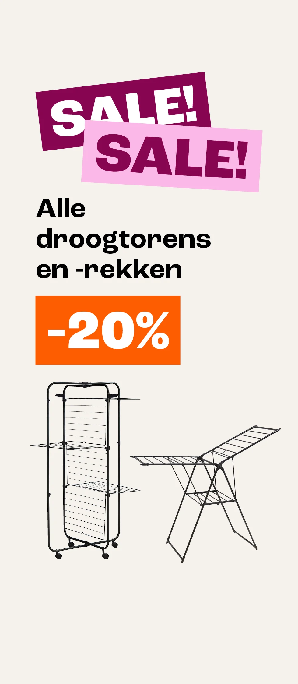 Product tile banner - Alle droogtorens en -rekken 20% korting - NL
