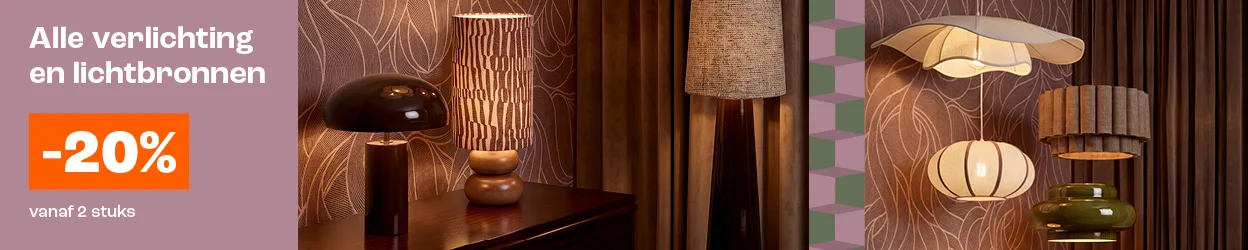 Actiebanner met tekst 20% korting op alle verlichting vanaf 2 stuks