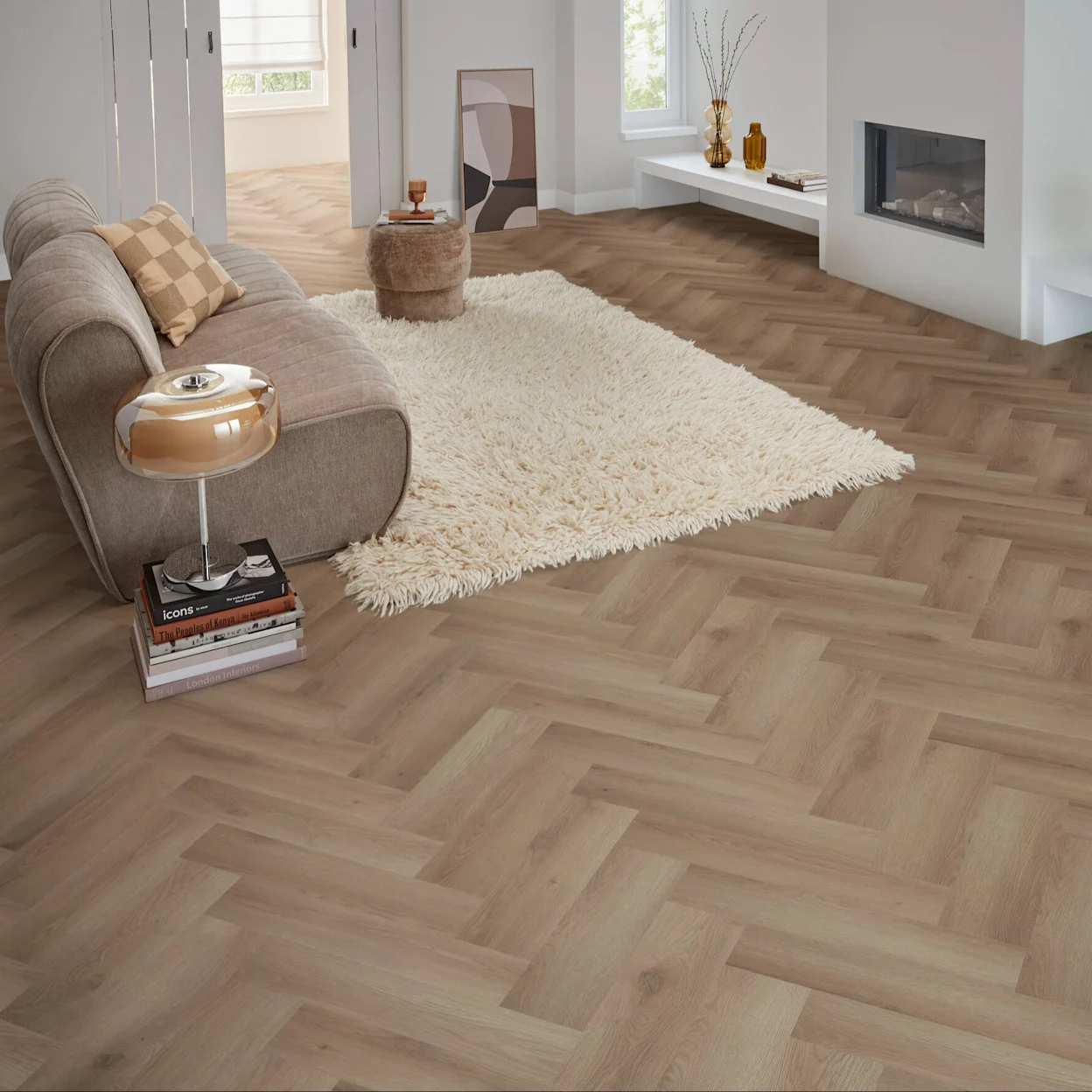Visgraat plak PVC vloer in beige eiken visgraat